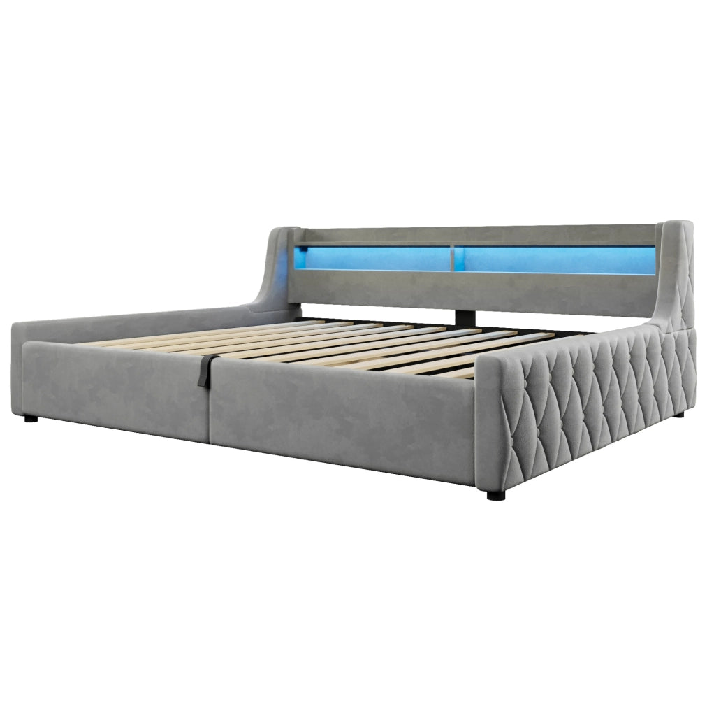 Letto imbottito 140 x 200 cm con vano contenitore e testiera LED; grigio