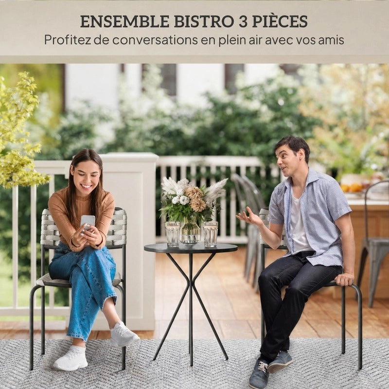 Set da bistrot da esterno 3 pezzi con due sedie impilabili e tavolo rotondo in rattan a corda e acciaio grigio
