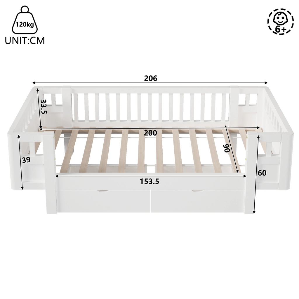 Letto per bambini 90 × 200 cm con barriera alta e 2 cassetti estraibili, senza materasso, in legno massello e MDF bianco