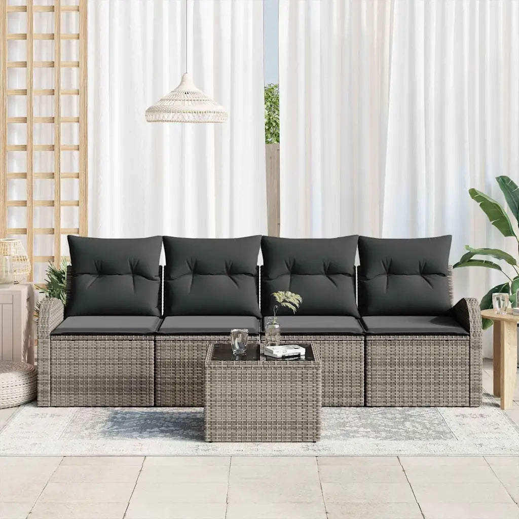 Set Divano da Giardino 5 pcs Grigio Polyrattan, Acciaio e Vetro