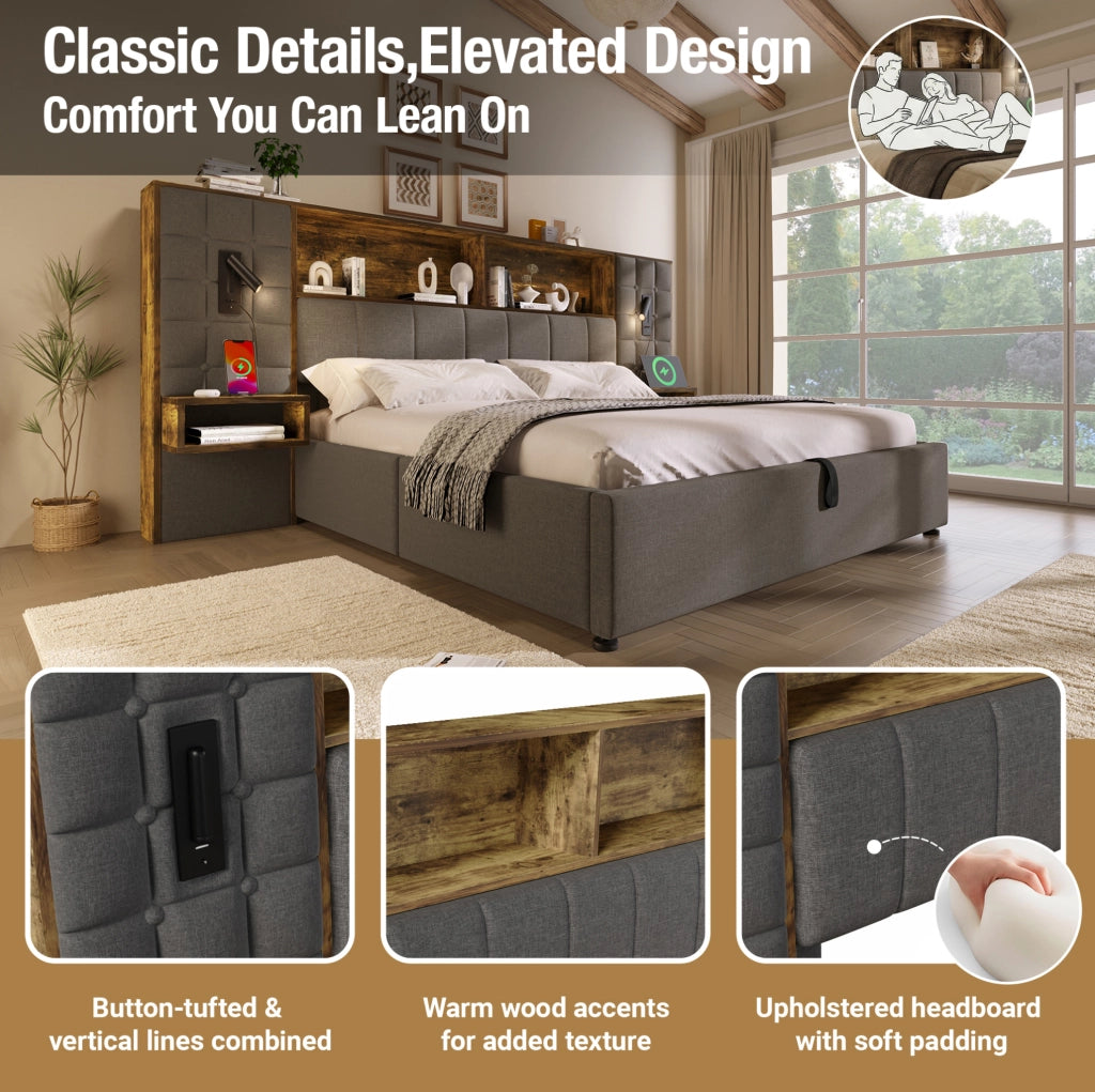Letto 160x200 in lino con contenitore; lampade; comodini e USB Type-C; grigio
