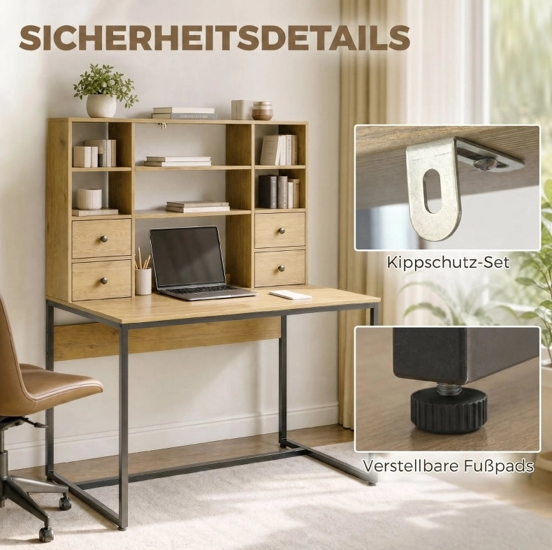 Scrivania computer 105 cm con 4 cassetti e ripiani