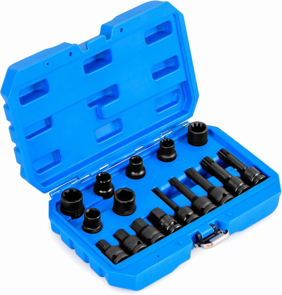 Set di Bussole per Pinze Freno da 16 Pezzi, Kit di Attrezzi per la Regolazione dei Freni con Chiave di Trasmissione da 1/2”, Compatibile con Vari Veicoli, 28 x 7 x 18 cm (Blu)