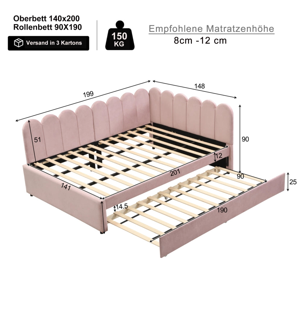 Divano letto angolare imbottito 140x200 cm con schienale floreale e letto estraibile in tessuto di velluto rosa