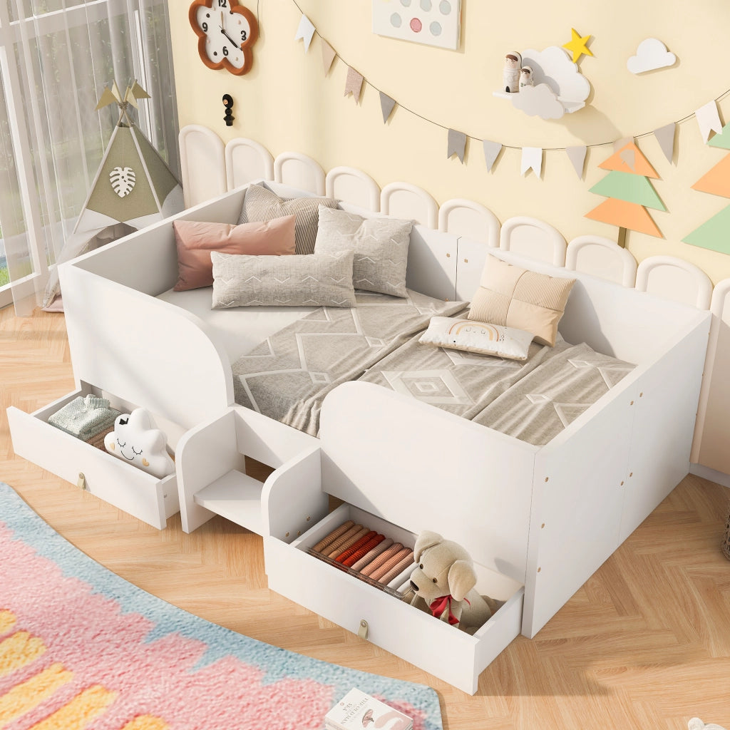 Letto con cassetti 90 × 200 cm con due grandi cassetti; sponde alte e scaletta; in MDF e compensato bianco