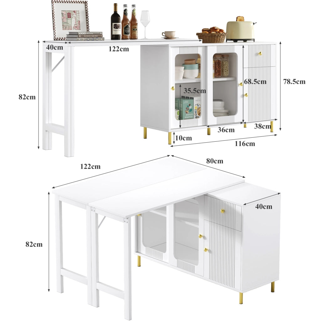 Buffet moderno bianco con tavolo estensibile e pieghevole, ante scorrevoli in vetro, gambe metalliche dorate e motivo ondulato, 116x40x78,5 cm