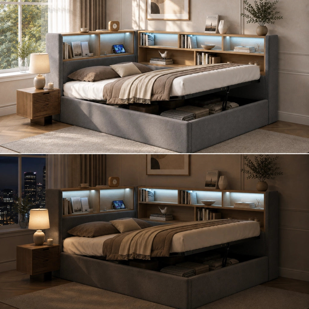 Letto singolo 140x200 cm con contenitore idraulico, rivestimento in velluto grigio, luminosità LED e porte USB