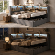 Letto singolo 140x200 cm con contenitore idraulico, rivestimento in velluto grigio, luminosità LED e porte USB