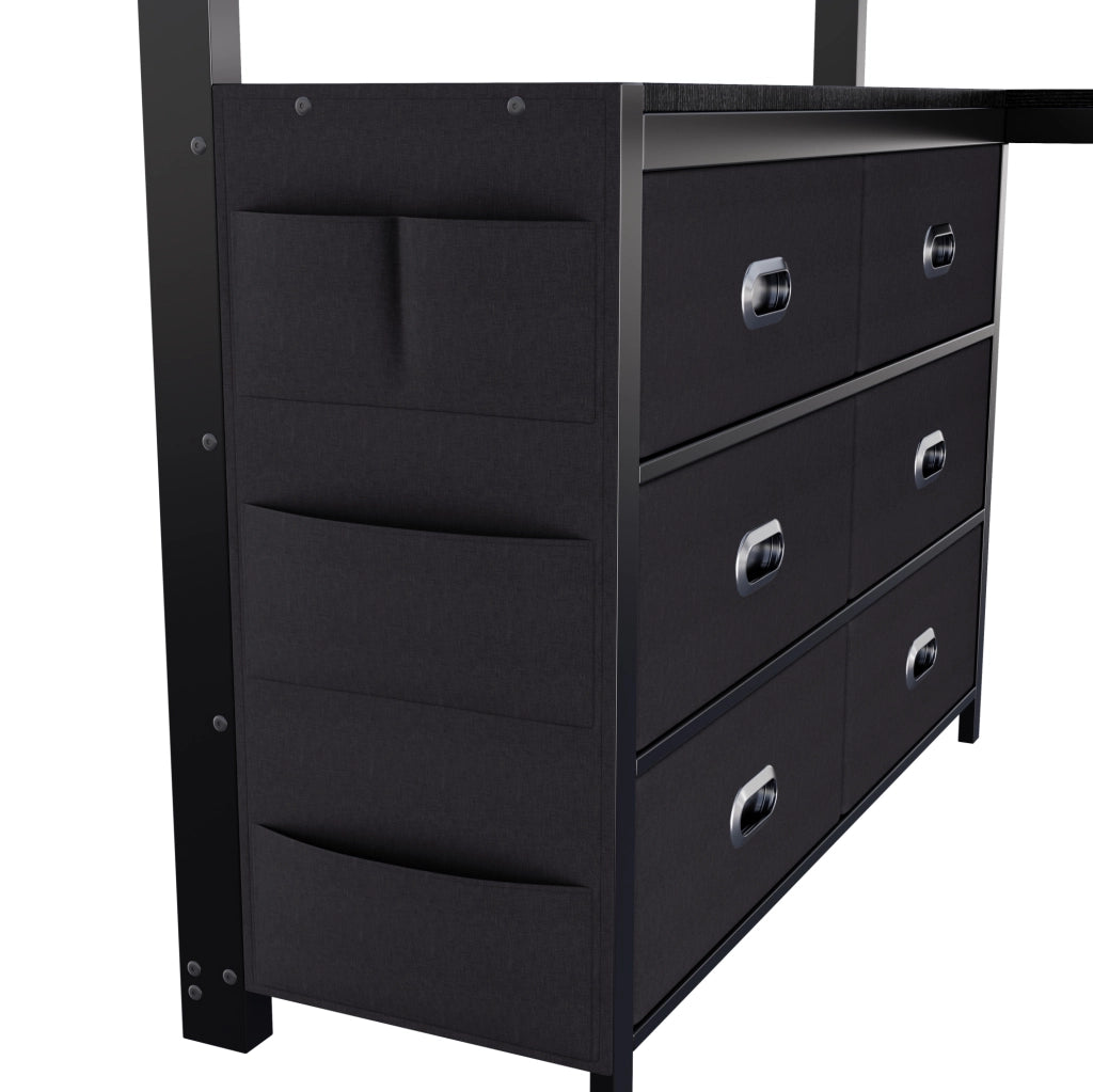 Letto a soppalco 140x200 cm con scrivania; 6 cassetti e LED nero HOMVRA