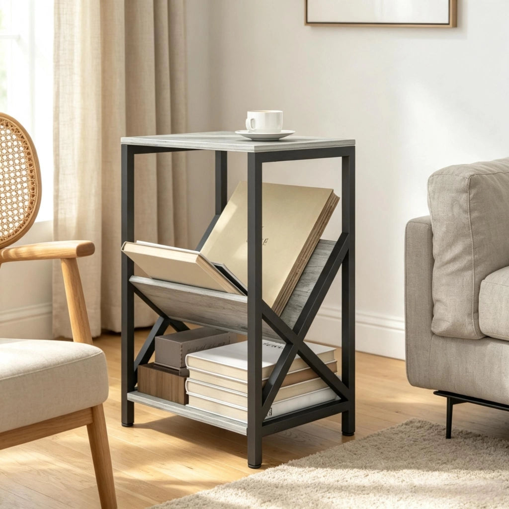 Tavolino laterale con portariviste a V e ripiano in pannello di particelle grigio scuro 40 × 30 × 61 cm