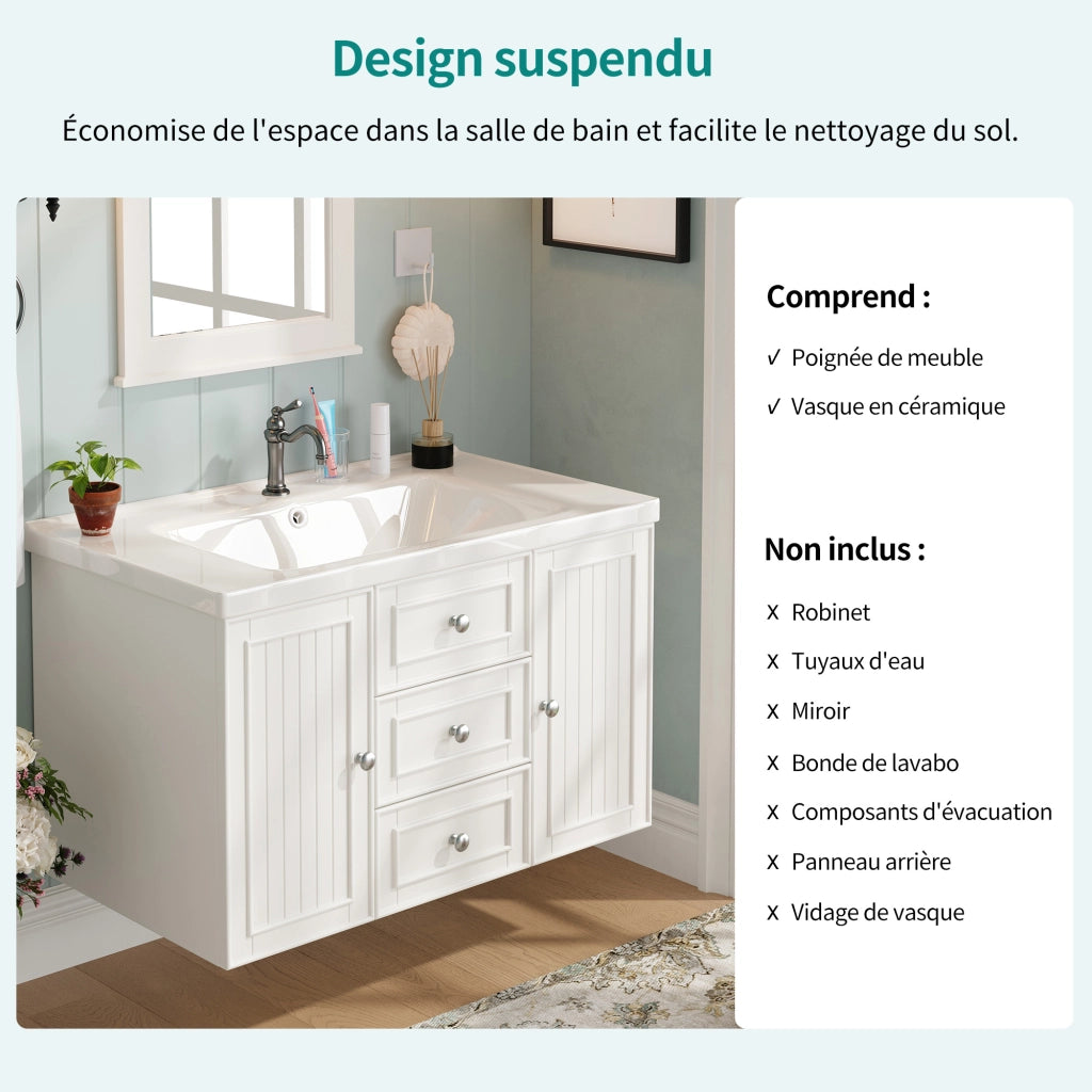 Mobile per lavabo singolo sospeso con lavabo in ceramica; cassetti e vano; bianco 78.5 × 46 × 46.8 cm