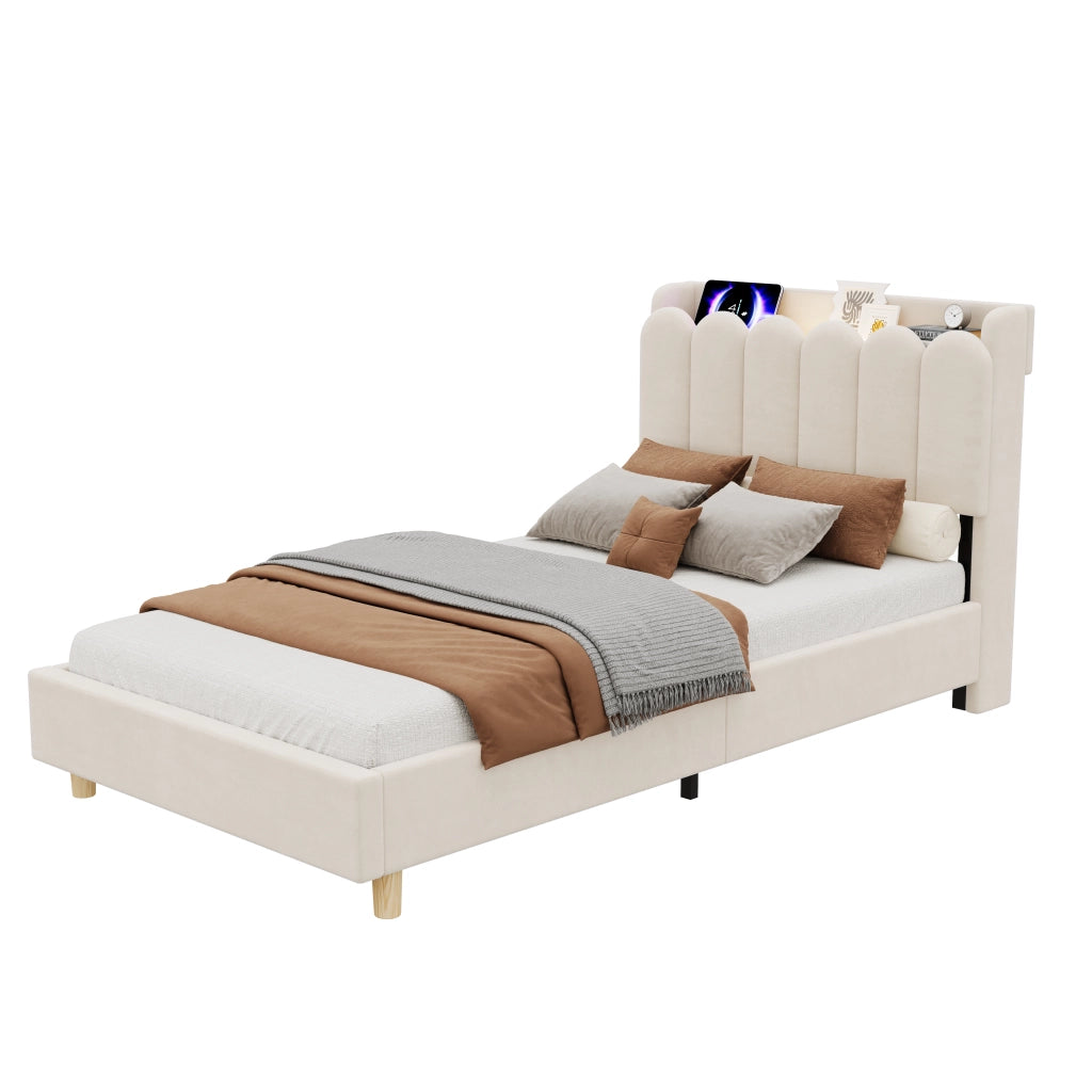 Letto imbottito per bambini in velluto 90 x 200 cm, letto singolo con luce da lettura, USB, Type-C, testiera trapuntata e rete a doghe, beige