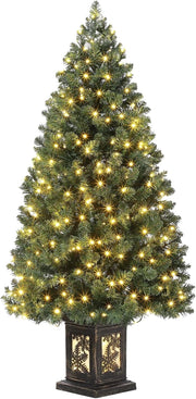 Albero di Natale Artificiale 145cm con 300 LED Bianco Caldo 8 Giochi Luce e Vaso Retrò