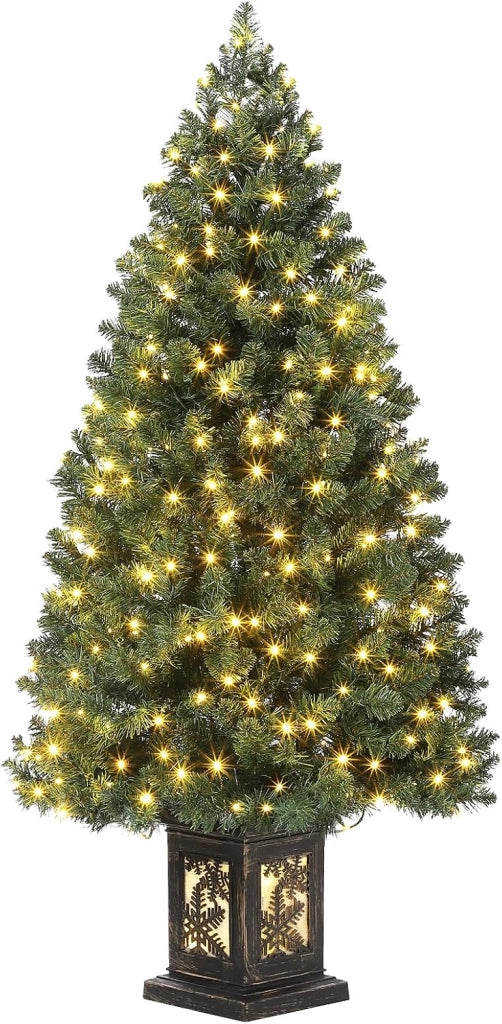 Albero di Natale Artificiale 145cm con 300 LED Bianco Caldo 8 Giochi Luce e Vaso Retrò