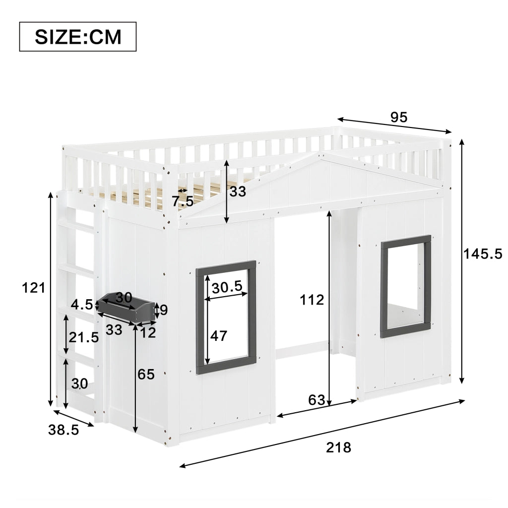Letto a soppalco per bambini 90 × 200 cm con scala, barriera e mensola, senza materasso, bianco e grigio