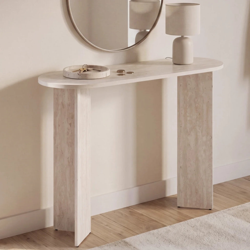 IDMarket - Console ovale MARTHE in legno effetto travertino