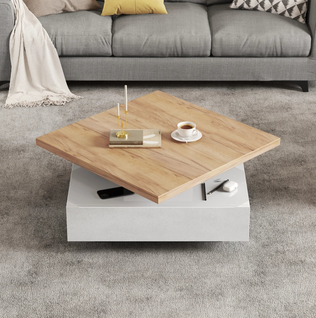 Tavolino multifunzione quadrato con rotazione 360°, struttura in truciolato noce e bianco lucido, 70x70x36 cm