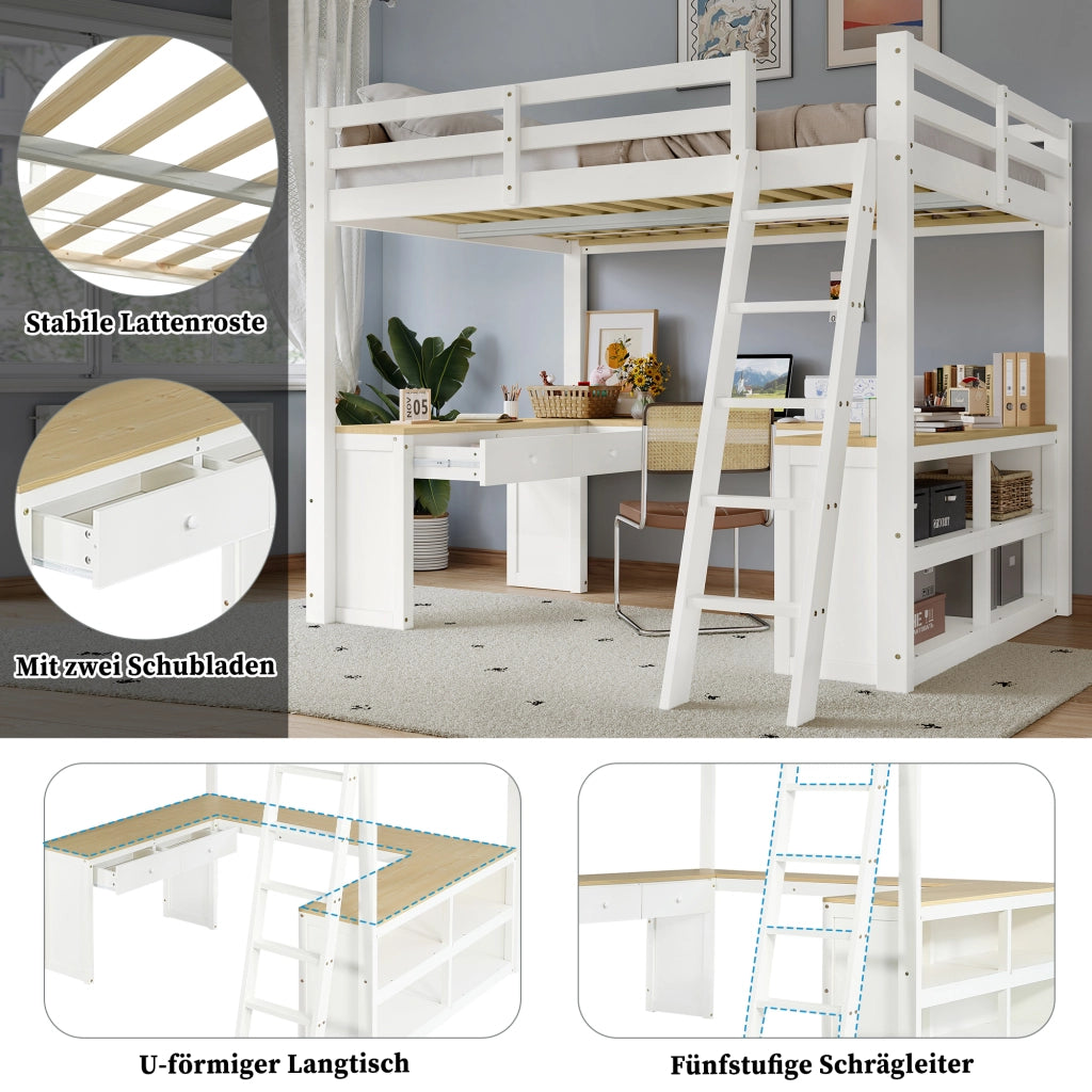 Letto a soppalco per bambini con scrivania a U; pino e MDF; bianco e naturale; letto 140x200 cm