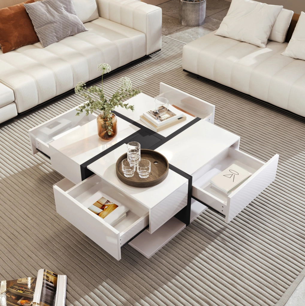 Tavolino da caffè quadrato lucido 78x78x36 cm con 4 cassetti e ripiano inferiore; bianco