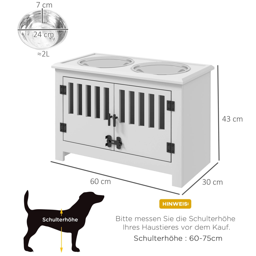 Stazione rialzata per ciotole per cani con 2 ciotole in acciaio inox da 2 l vano portaoggetti bianca 60 × 30 × 43 cm