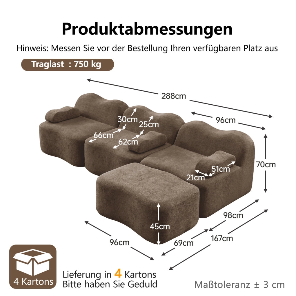 Divano angolare modulare ULEVR in velluto marrone con pouf collegabile, imbottitura in schiuma 32D