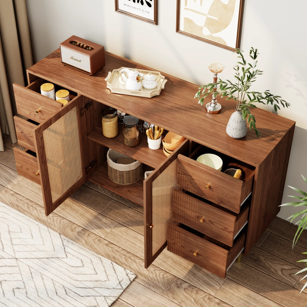 Madia per soggiorno con sei cassetti e due ante in MDF con porte in rattan color legno 160 × 40 × 90 cm
