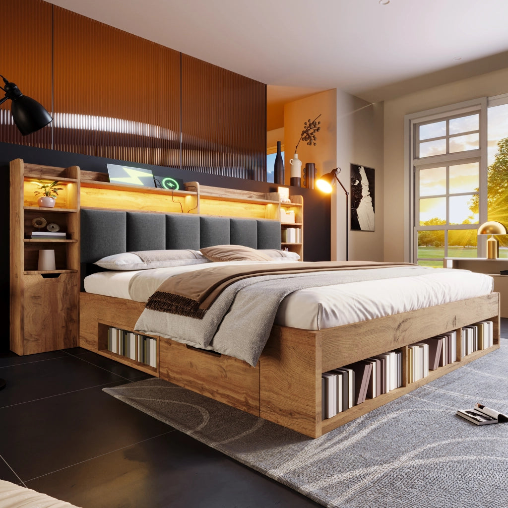 Letto contenitore matrimoniale 160 × 200 cm con LED, USB e Type-C, cassetti, senza materasso, rovere