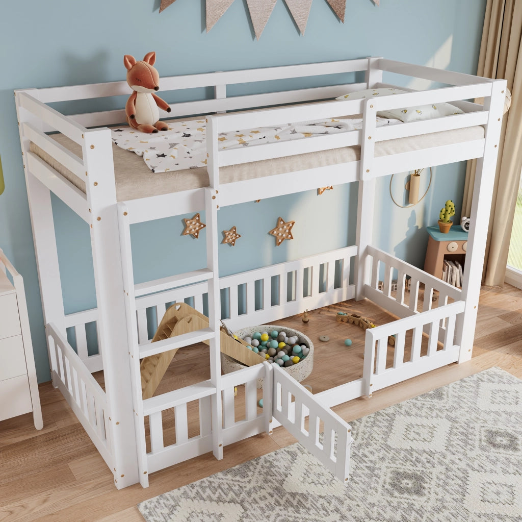 Letto a soppalco per bambini 90x200 cm in pino e compensato con scala e sponde; bianco