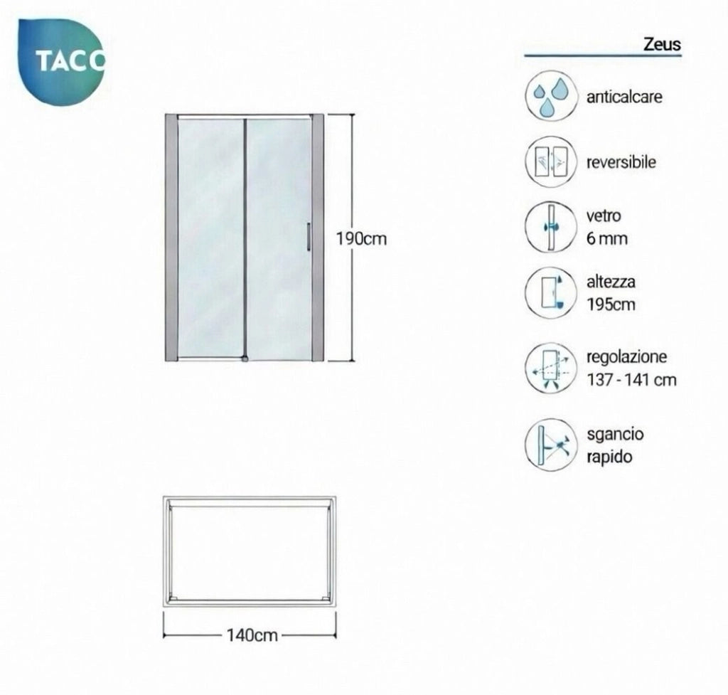 Box doccia a nicchia 140 cm porta scorrevole apertura laterale H190 cm ZEUS - Cromato Lucido