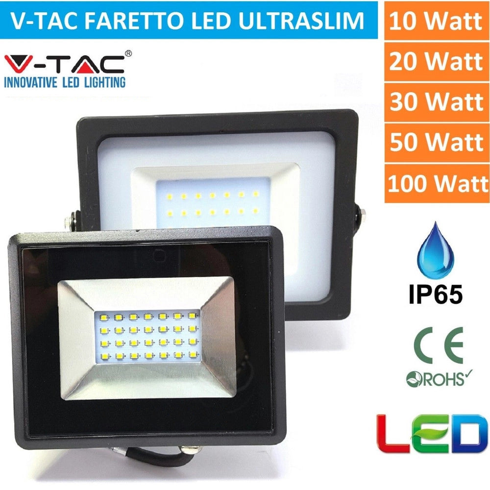 Trade Shop - V-tac Faro Faretto Led Smd 10w 20w 30w 50w 100w Slim Da Esterno Ip65 Colore Nero - -bianco Caldo-50 Watt