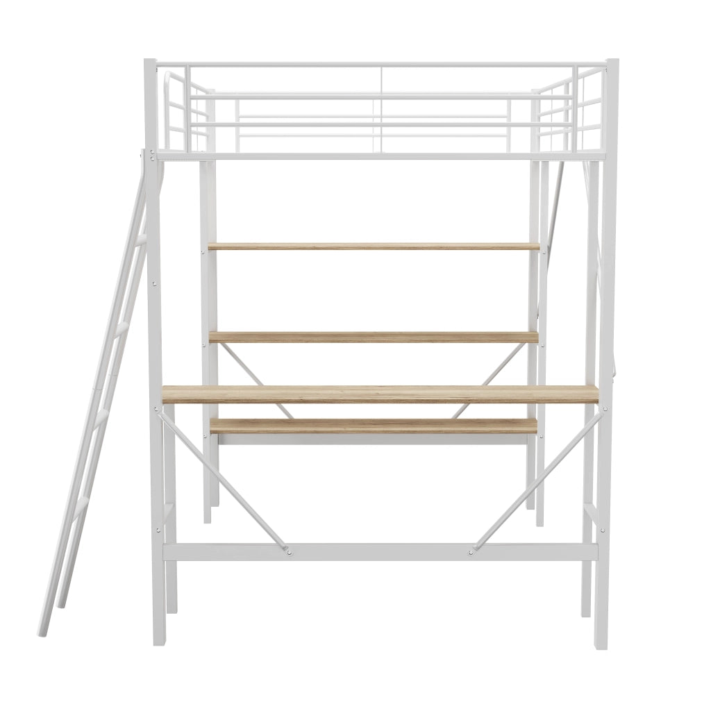 Letto a soppalco bianco 90x200 cm con scrivania e 3 scaffali in metallo e MDF