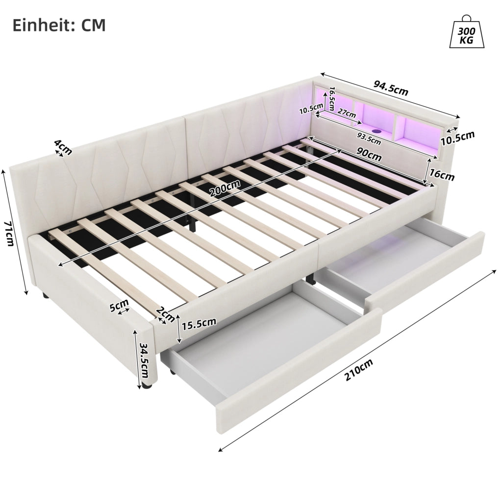 Letto da giorno 90x200 cm beige con LED, USB-C e cassetti
