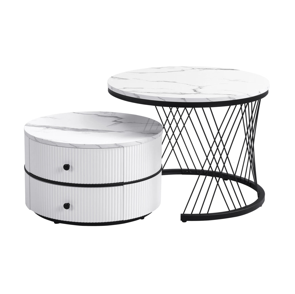 Set di 2 tavolini da caffè rotondi a incastro in MDF; bianco; 2 cassetti; 60×60×46 e 50×50×31 cm