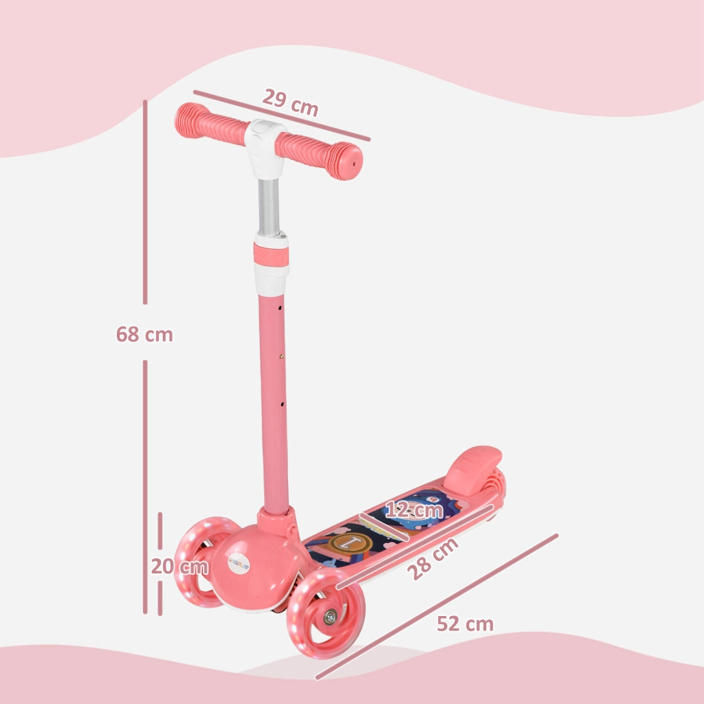 Monopattino per Bambini 3 Ruote con Luci LED Manubrio Regolabile e Freno Posteriore da 2 a 6 Anni Rosa