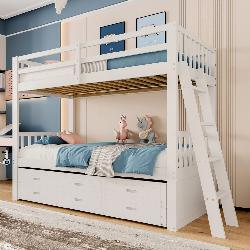 Letto a castello 90 × 200 cm con letto estraibile e 3 cassetti in legno bianco con scala antiscivolo