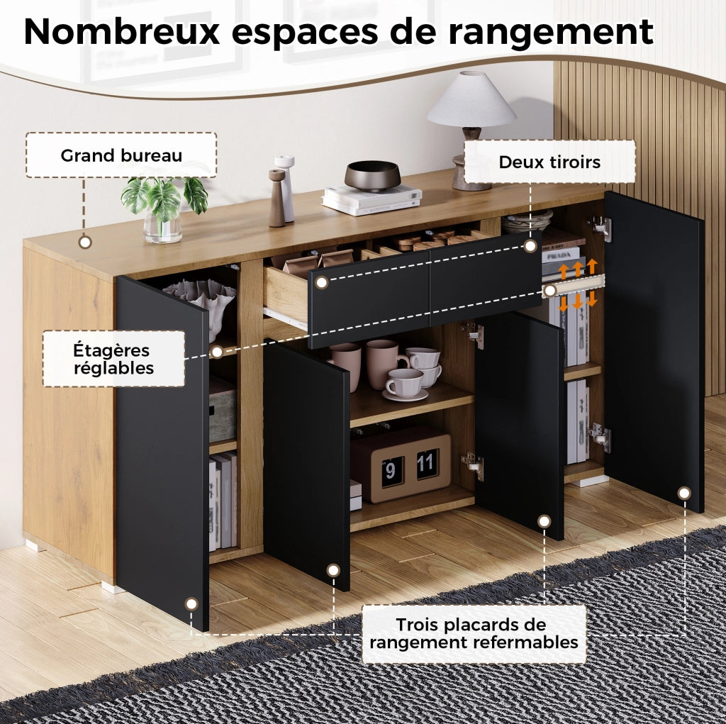 Sideboard in MDF 140x35x70 cm con 4 porte e 2 cassetti, design moderno nero e legno naturale