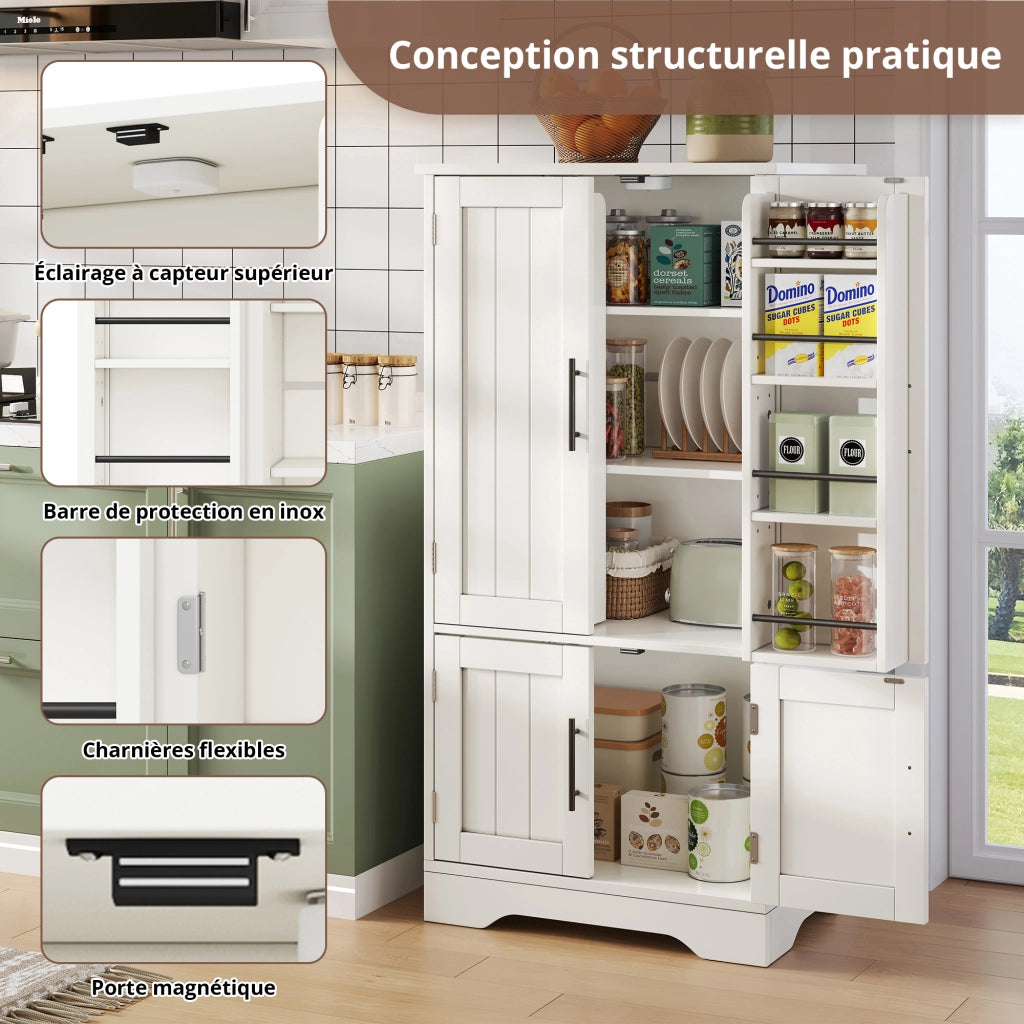 Credenza da cucina alta con 4 ante, ripiani regolabili e luce LED con sensore, in MDF bianco, 120 × 60 × 40 cm