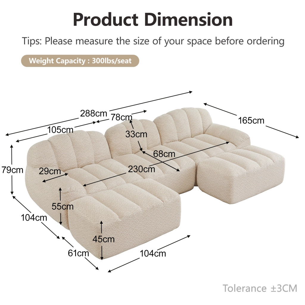 Divano Modulare U 3 Posti con 2 Ottoman ¨C Xylo ¨C Tessuto Morbido Beige, Seduta Profonda