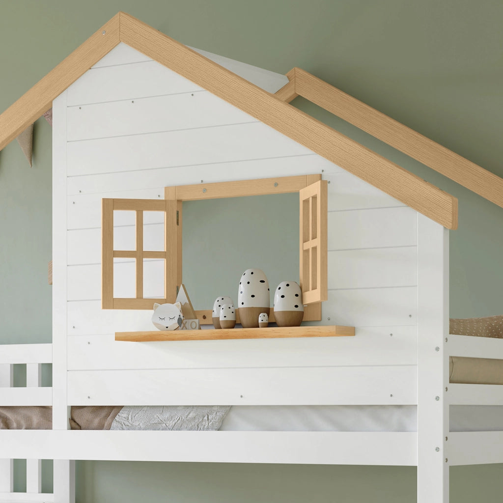 Letto a castello per bambini 90 × 200 cm con scala contenitore in legno bianco e naturale con cassetti e finestra apribile