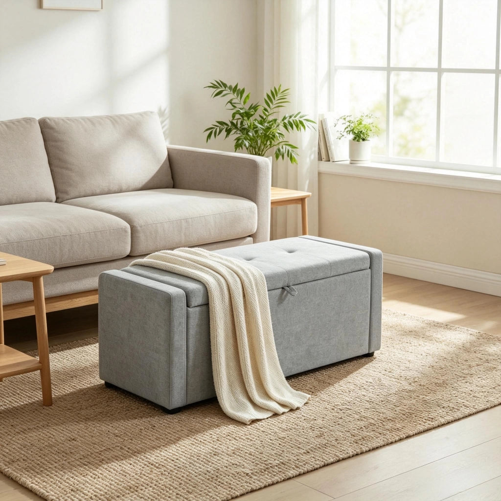Panca contenitore 122 cm con vano nascosto e seduta ampia per camera da letto in lino grigio