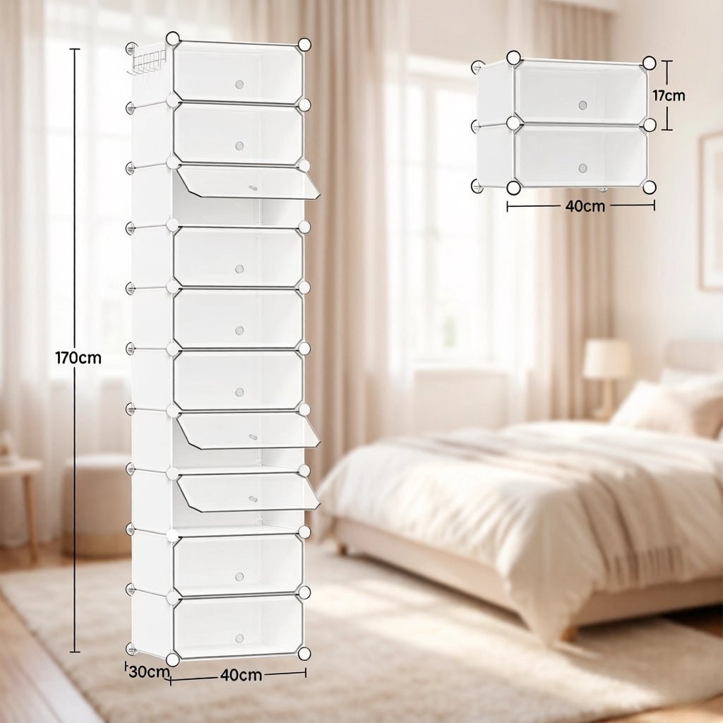 Scarpiera modulare con 10 scomparti e ante antipolvere per ingresso, in PP e metallo, bianca, 40 × 30 × 170 cm