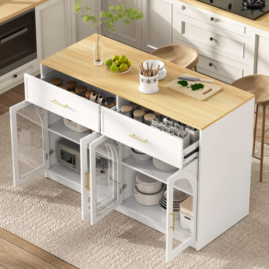 Isola da cucina con LED; ante trasparenti; 2 cassetti e ripiani regolabili bianca in MDF 135 × 55 × 91 cm