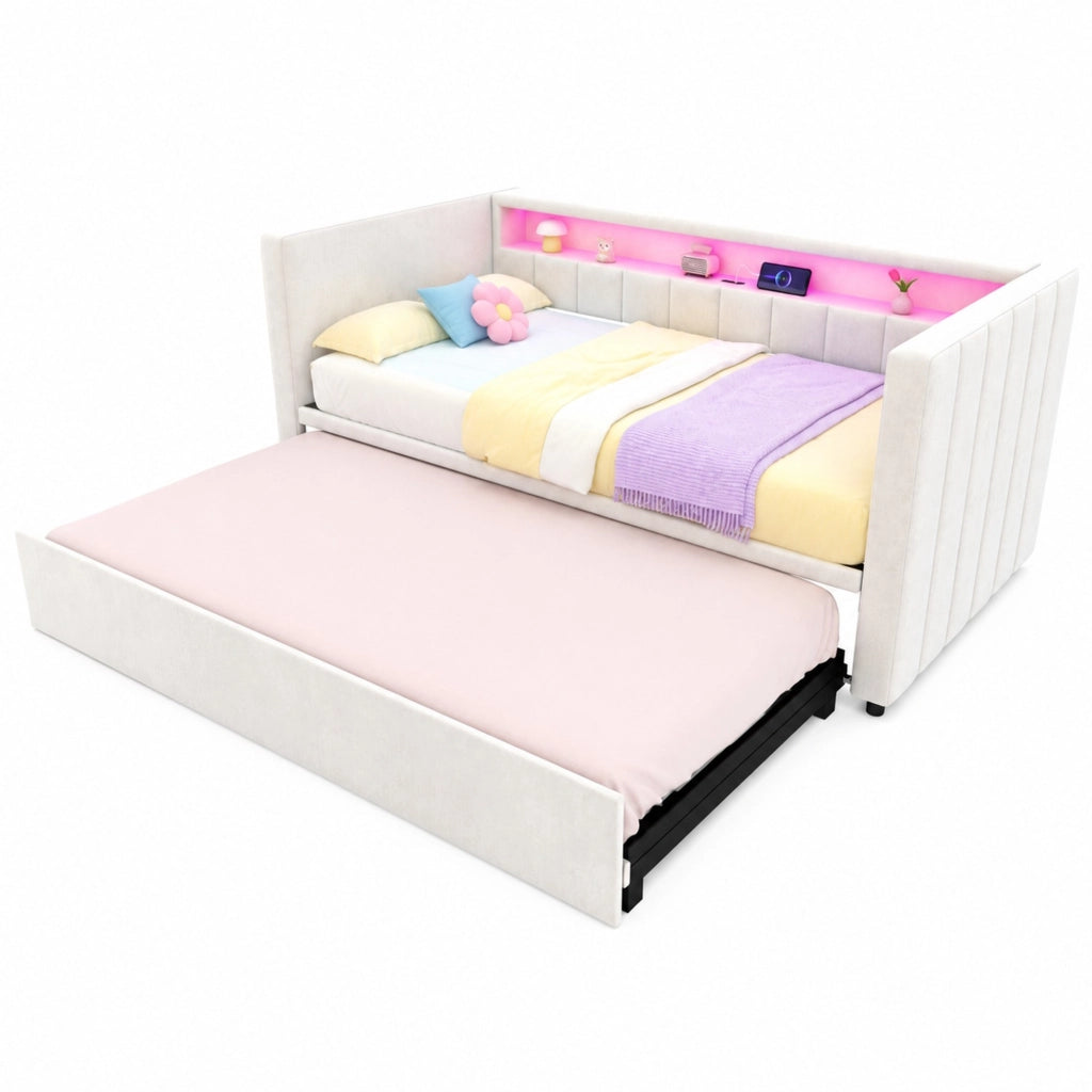 Divano letto 90 × 190 cm estraibile con LED regolabili; USB Type-C; rivestimento in velluto beige e ripiano