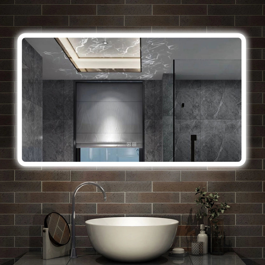 specchio rettangolare 100 x 60 cm con luce led a 3 colori, antiappannamento e touch, bluetooth