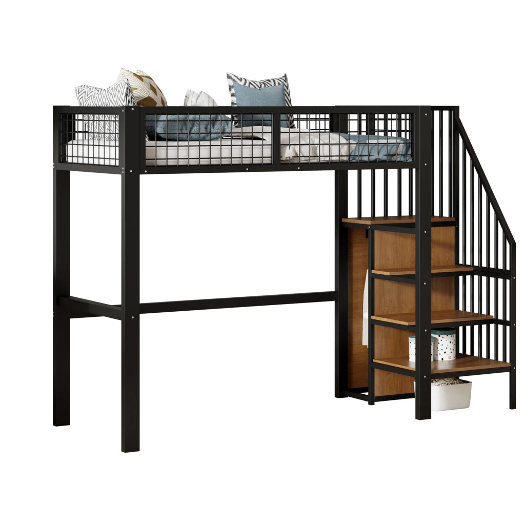 Letto alto per bambini 90 x 200 cm in metallo nero con scala; armadio e sponde a rete