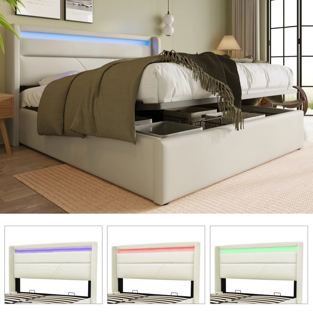 Letto contenitore idraulico imbottito 160x200 cm con luci LED e telecomando, bianco, struttura in PU