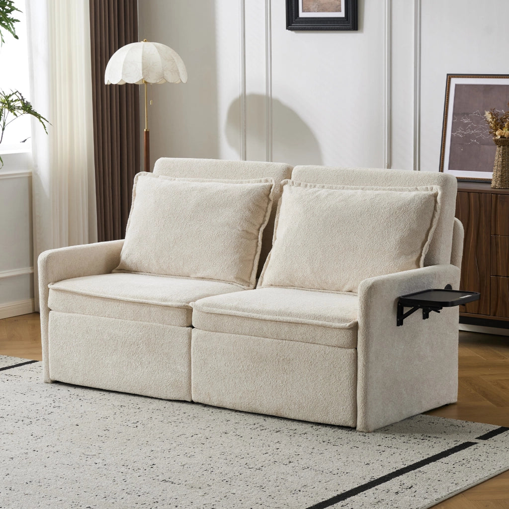 Divano letto 3 posti con schienale regolabile 5 posizioni, tasche laterali e USB, in ciniglia, beige