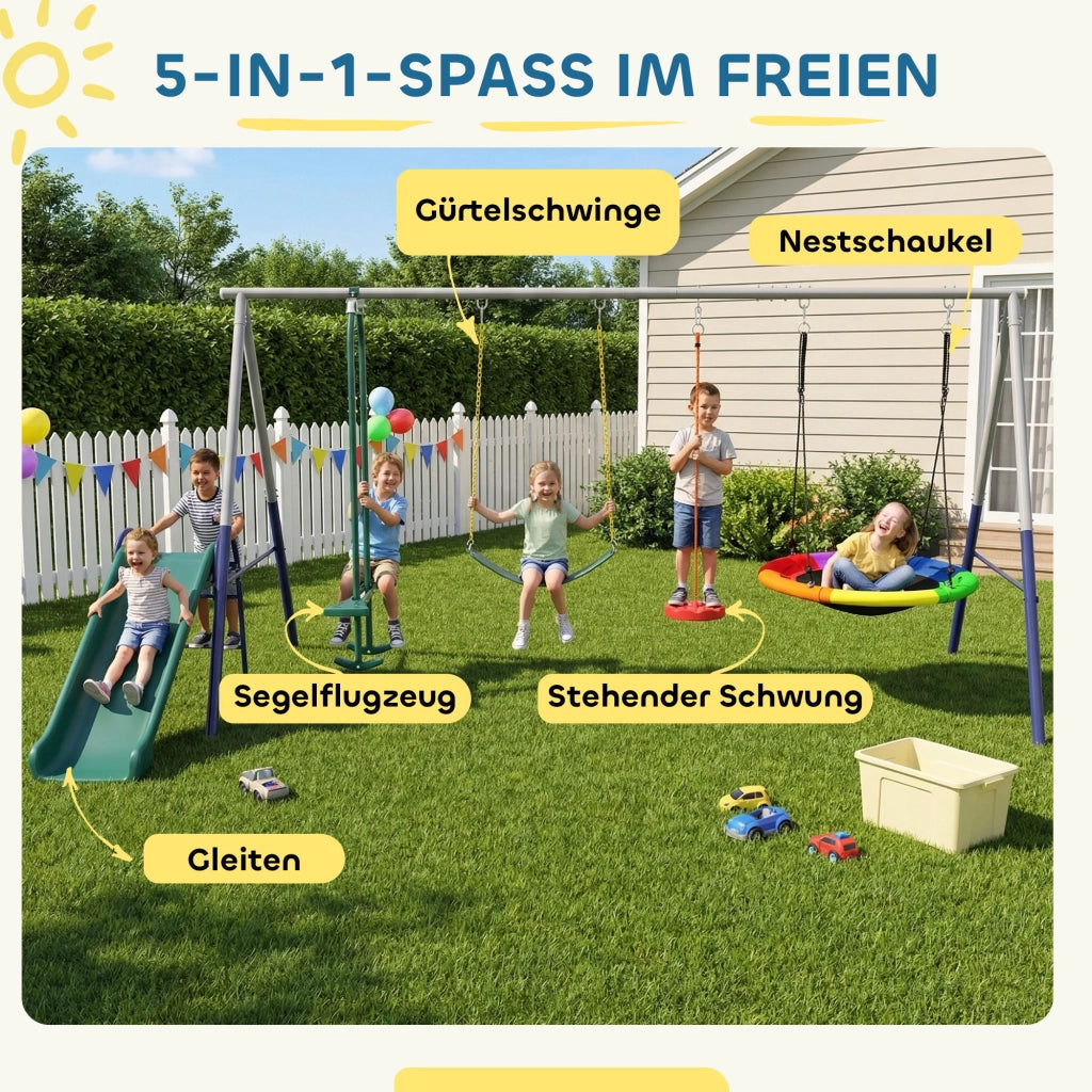 Altalena da giardino 5 in 1 con scivolo regolabile ¨C Xylo ¨C 382x196x203 cm multicolore