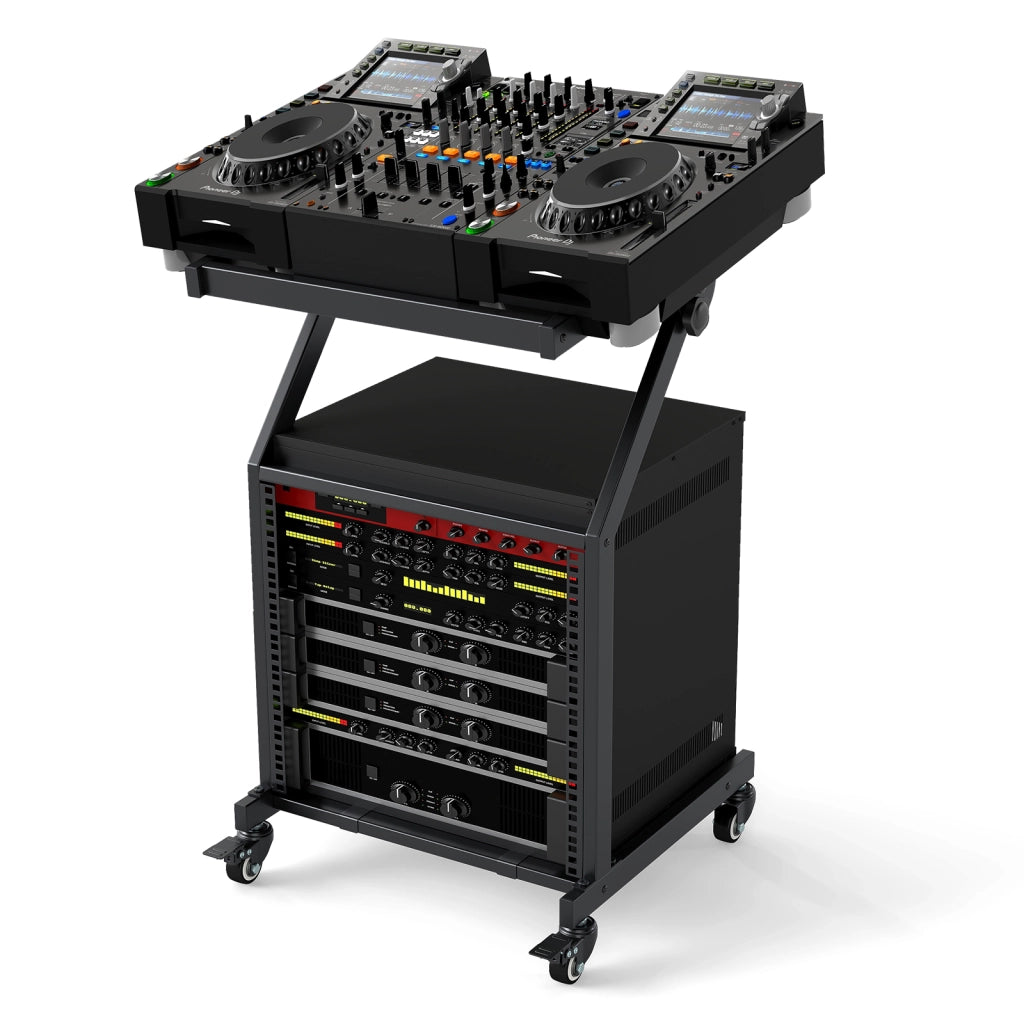 Supporto mixer dj 9u audio professionale 2 strati barre regolabili, Supporto ruote bloccabili carrello palco robusto mobile