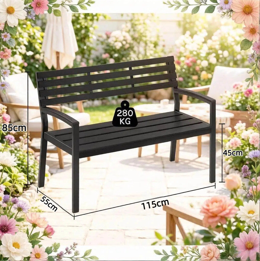 Panca da Giardino con Schienale in Metallo Verniciato e Lamelle in PS, 115x55x85 cm, Colore Nero
